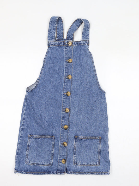Additional front view of Denim & Co. women’s blue cotton pinafore/dungaree dress, size UK 8, square neck button - pinafore
