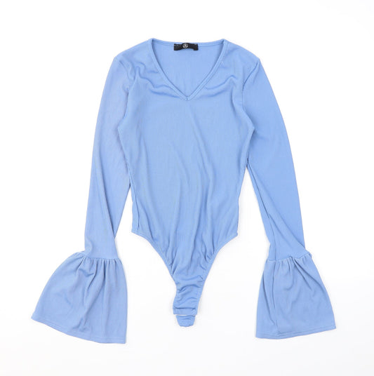 Additional front view of Missguided women’s blue polyester bodysuit one-piece, size UK 6, 10-inch leg snap