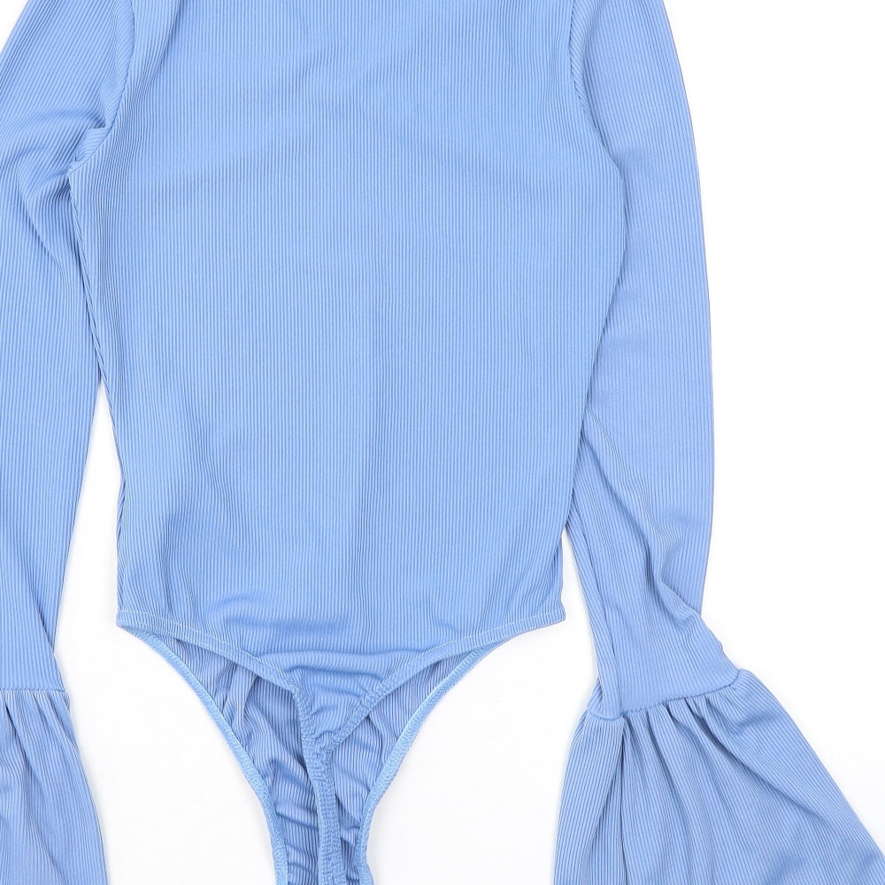 Brand and care label for Missguided women’s blue polyester bodysuit one-piece, size UK 6, 10-inch leg snap