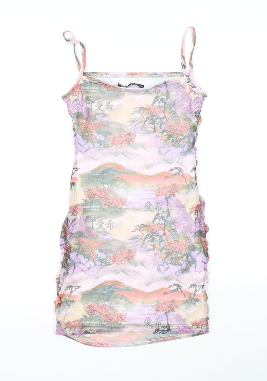 PRETTYLITTLETHING Womens Purple Geometric Polyester Bodycon Size 6 Square Neck Pullover - Rushed Detail, Sunset Print