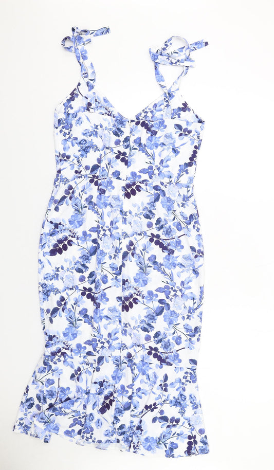 Sistaglam Womens Blue Floral Polyester A-Line Size 10 V-Neck Zip