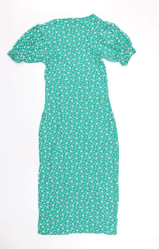 Quiz Womens Green Floral Viscose Bodycon Size 12 V-Neck Pullover