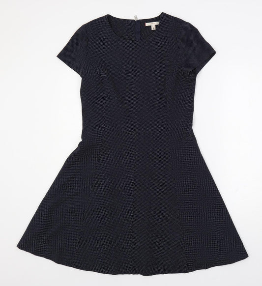 Additional front view of ESPRIT women’s blue polka dot polyester fit & flare, size UK 10, round neck zip