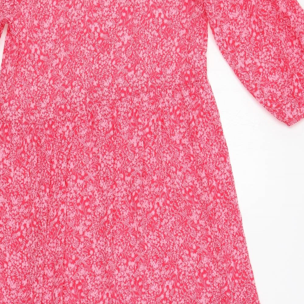 Marks and Spencer Womens Pink Floral Polyester A-Line Size 8 V-Neck Pullover - Sheer