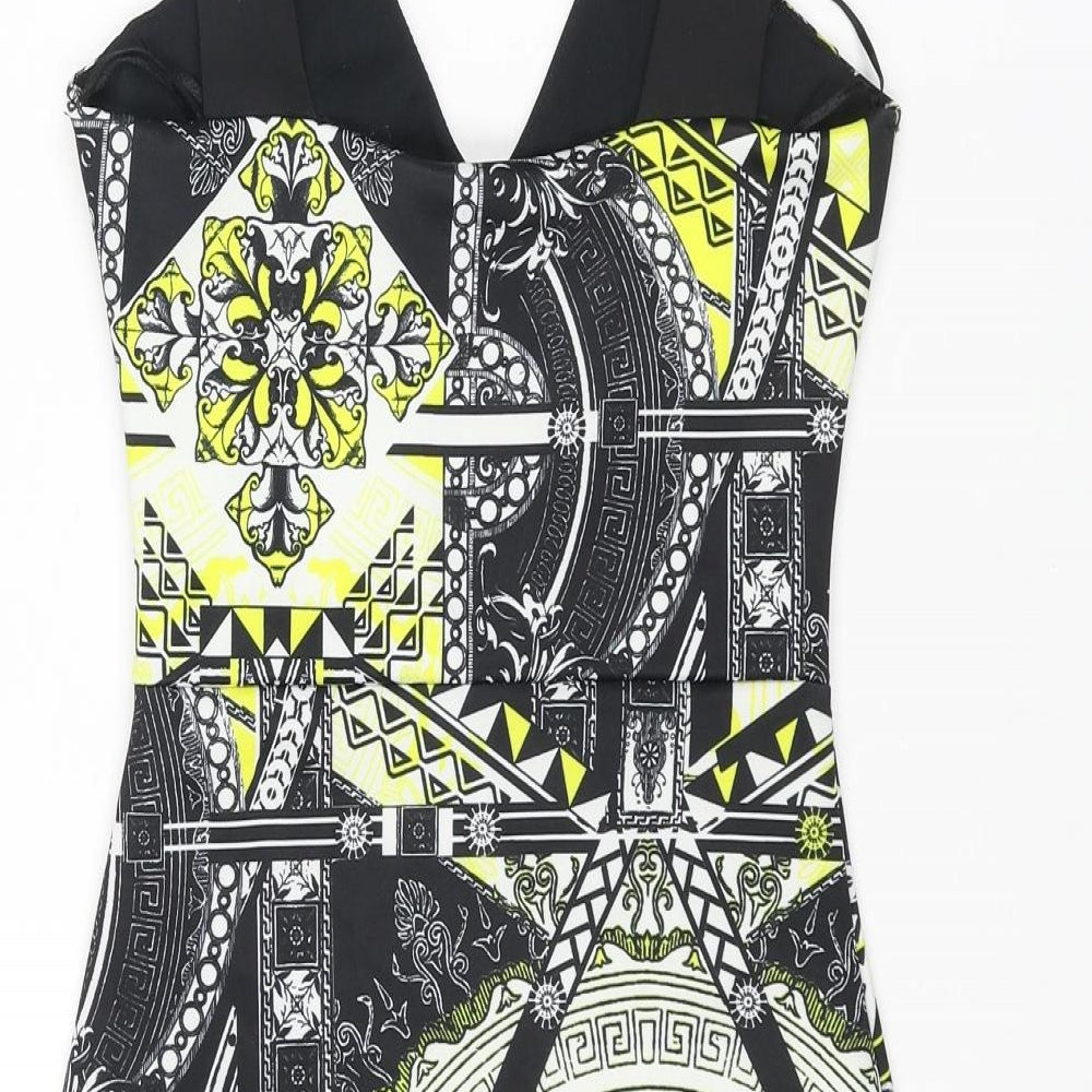 Miss Selfridge Womens Black Geometric Polyester Bodycon Size 6 Scoop Neck Pullover - Wrap Style