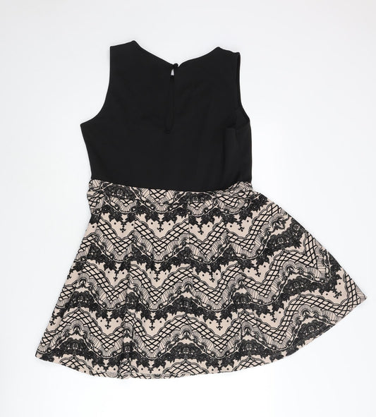 Miss Selfridge Womens Black Polyester Skater Dress Size 14 Round Neck Button - Geometric Print