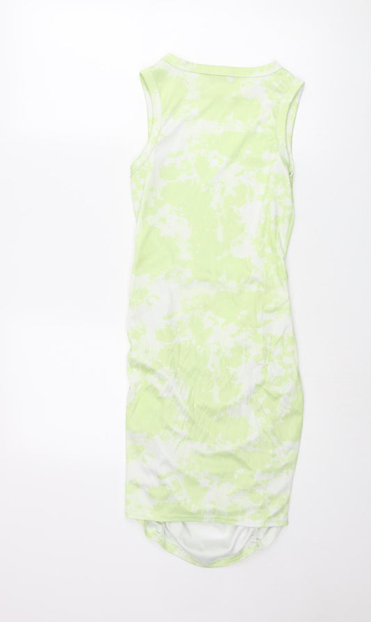 PRETTYLITTLETHING Womens Green Geometric Polyester Tank Dress Size 8 Round Neck Pullover - Rouched