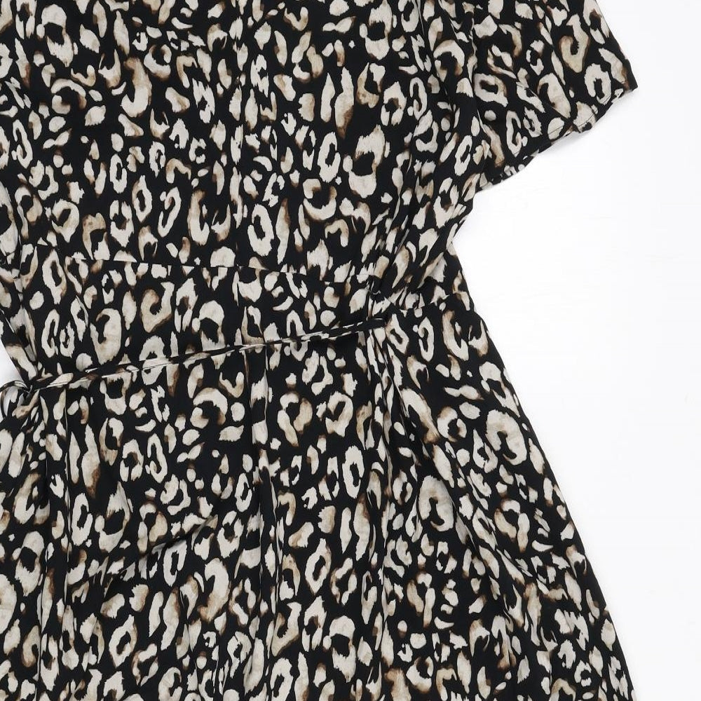 H&M Womens Black Animal Print Viscose Wrap Dress Size L V-Neck Tie