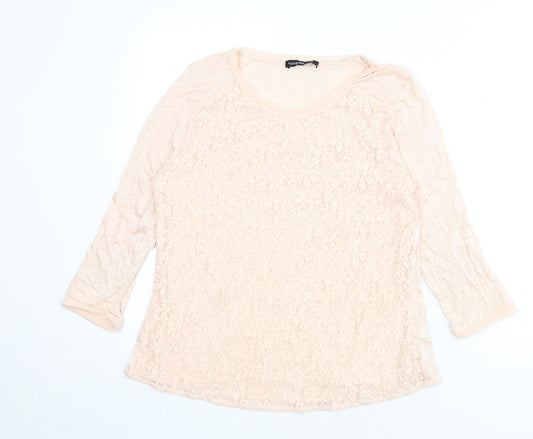 Additional front view of Autograph women’s pink floral viscose basic t-shirt, size UK 14, round neck - lace overlay