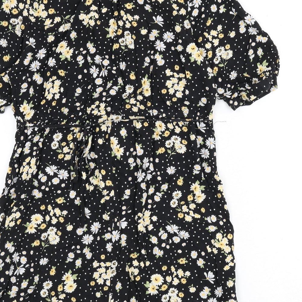 Miss Selfridge Womens Black Floral Viscose A-Line Size 12 V-Neck Button - Polka Dot