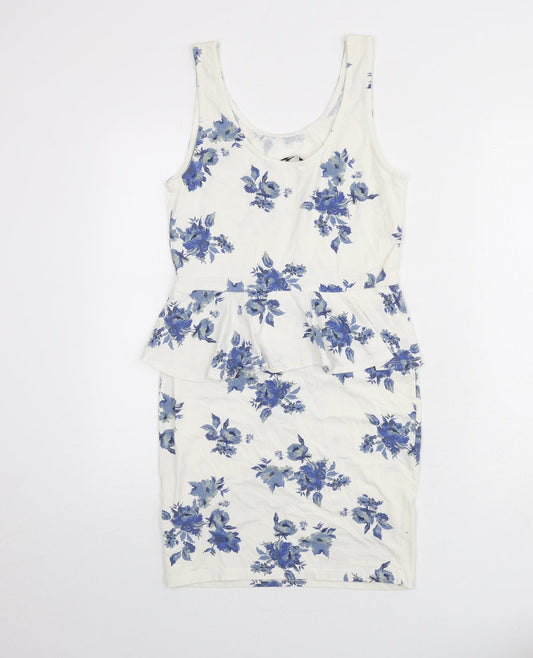 New Look Womens Ivory Floral Cotton Bodycon Size 12 Scoop Neck Pullover - Ruffle Detail