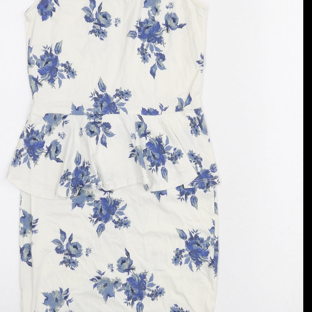 New Look Womens Ivory Floral Cotton Bodycon Size 12 Scoop Neck Pullover - Ruffle Detail