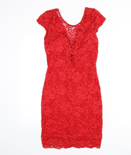 Cameo Rose Womens Red Floral Polyester Bodycon Size S Scoop Neck Zip - Lace Overlay