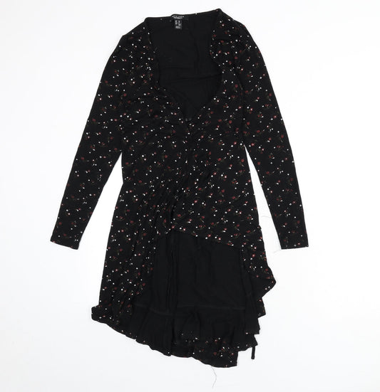 New Look Womens Black Floral Viscose Wrap T-Shirt Size 10 V-Neck