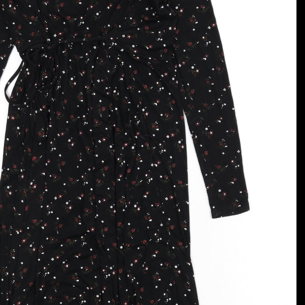 New Look Womens Black Floral Viscose Wrap T-Shirt Size 10 V-Neck