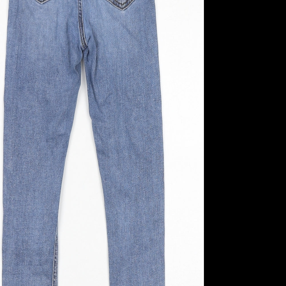 Brand and care label for ASOS women’s blue cotton skinny jeans, size UK 25, in, 28-inch leg regular zip