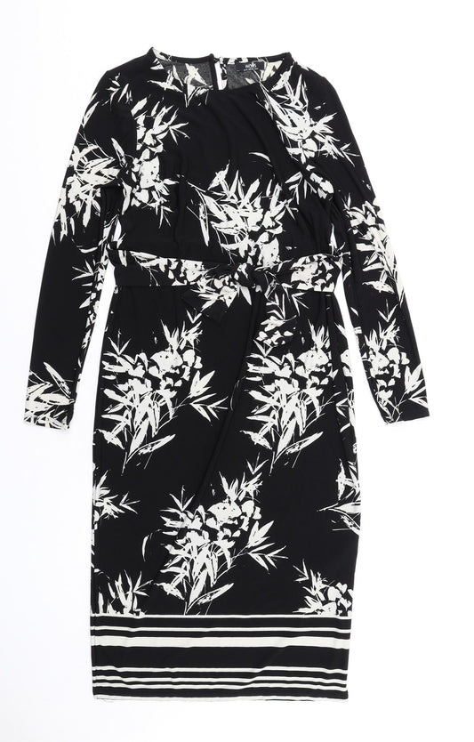 Additional front view of Wallis women’s black floral polyester bodycon, size UK 10, round neck button