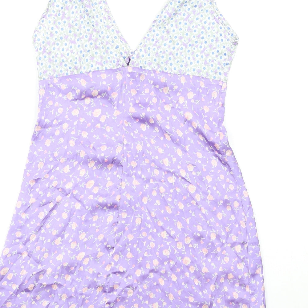 Stradivarius Womens Purple Floral Polyester Tank Dress Size M V-Neck Zip