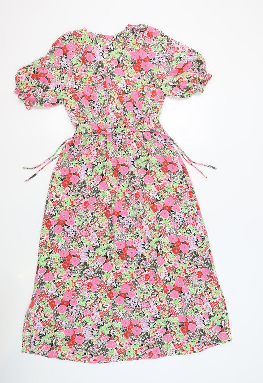 Marks and Spencer Womens Multicoloured Floral Polyester A-Line Size 6 V-Neck Button