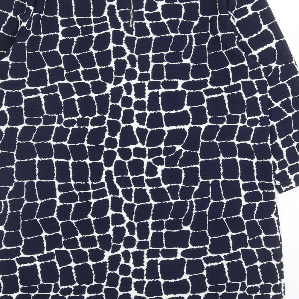 Marks and Spencer Womens Blue Geometric Polyester A-Line Size 14 Round Neck Zip