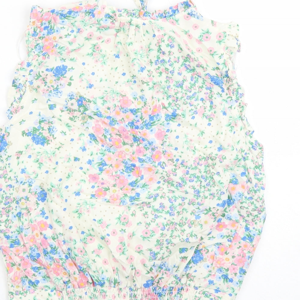 M&Co Womens White Floral Viscose Basic Blouse Size 12 Round Neck - Keyhole Neckline