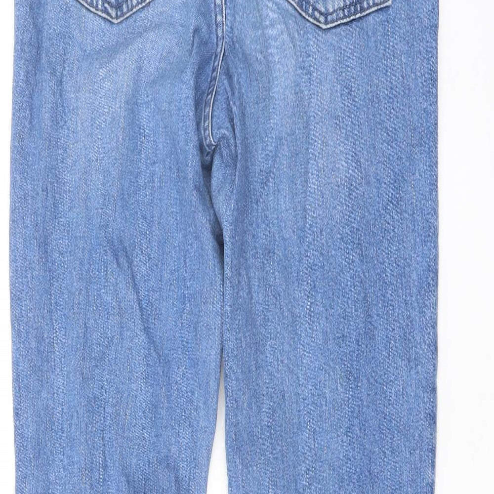 Brand and care label for ASOS men’s blue cotton skinny jeans, size 28, in, 34-inch leg regular button