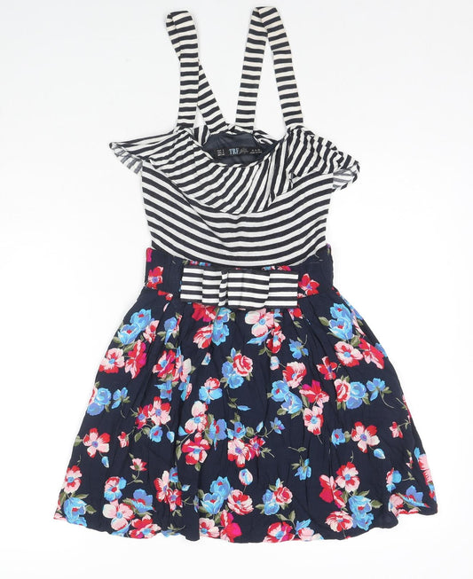 Zara Womens Multicoloured Striped Viscose Tank Dress Size S Square Neck Pullover - Flowers
