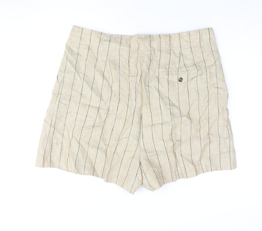Marks and Spencer Womens Beige Striped Polyester Basic Shorts Size 36 in L4 in Regular Zip
