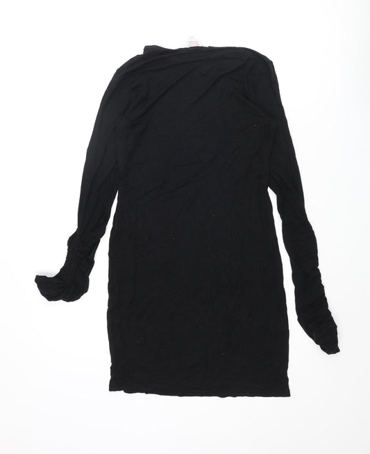 Miss Selfridge Womens Black Viscose Shift Size 10 Round Neck Pullover - Rouched Sleeve