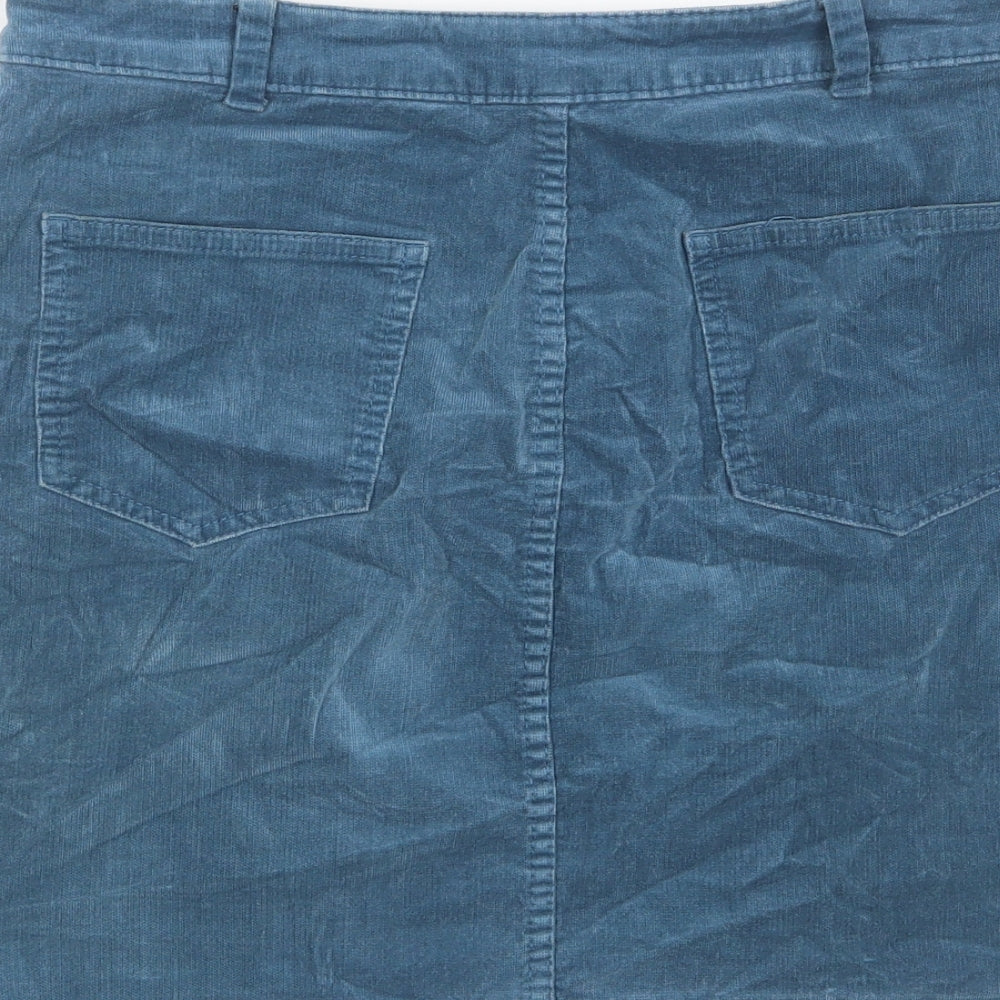 Marks and Spencer Womens Blue Cotton A-Line Skirt Size 10 Zip - Pockets, Belt Loops, Studs