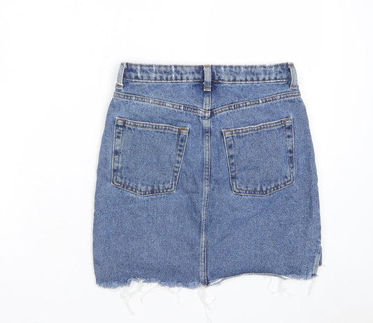 H&M Womens Blue Cotton A-Line Skirt Size 8 Zip - Distressed, Pockets, Belt Loops