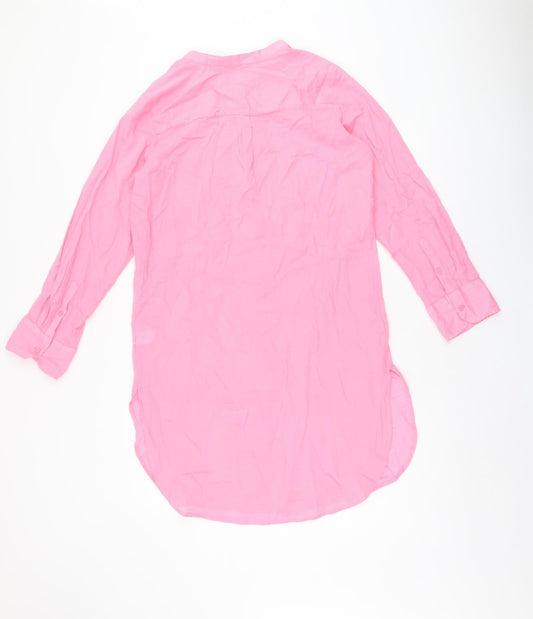 Marks and Spencer Womens Pink Cotton Shirt Dress Size 10 Round Neck Button - Split Hem