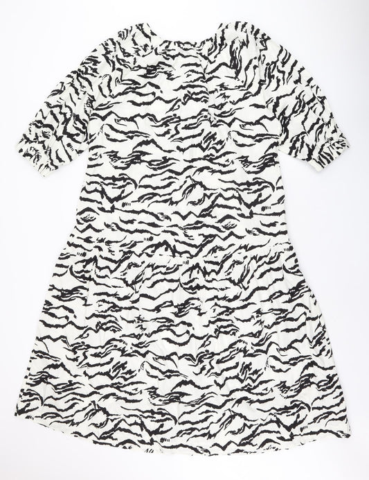 Marks and Spencer Womens White Geometric Cotton Shift Size 10 Boat Neck Pullover