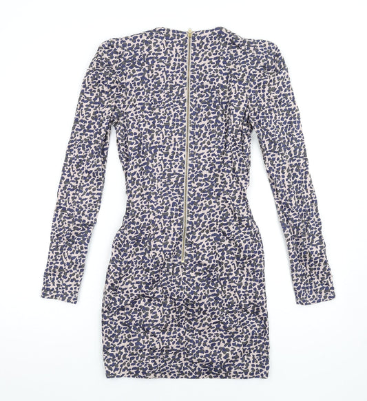 French Connection Womens Multicoloured Geometric Cotton Bodycon Size 8 V-Neck Zip