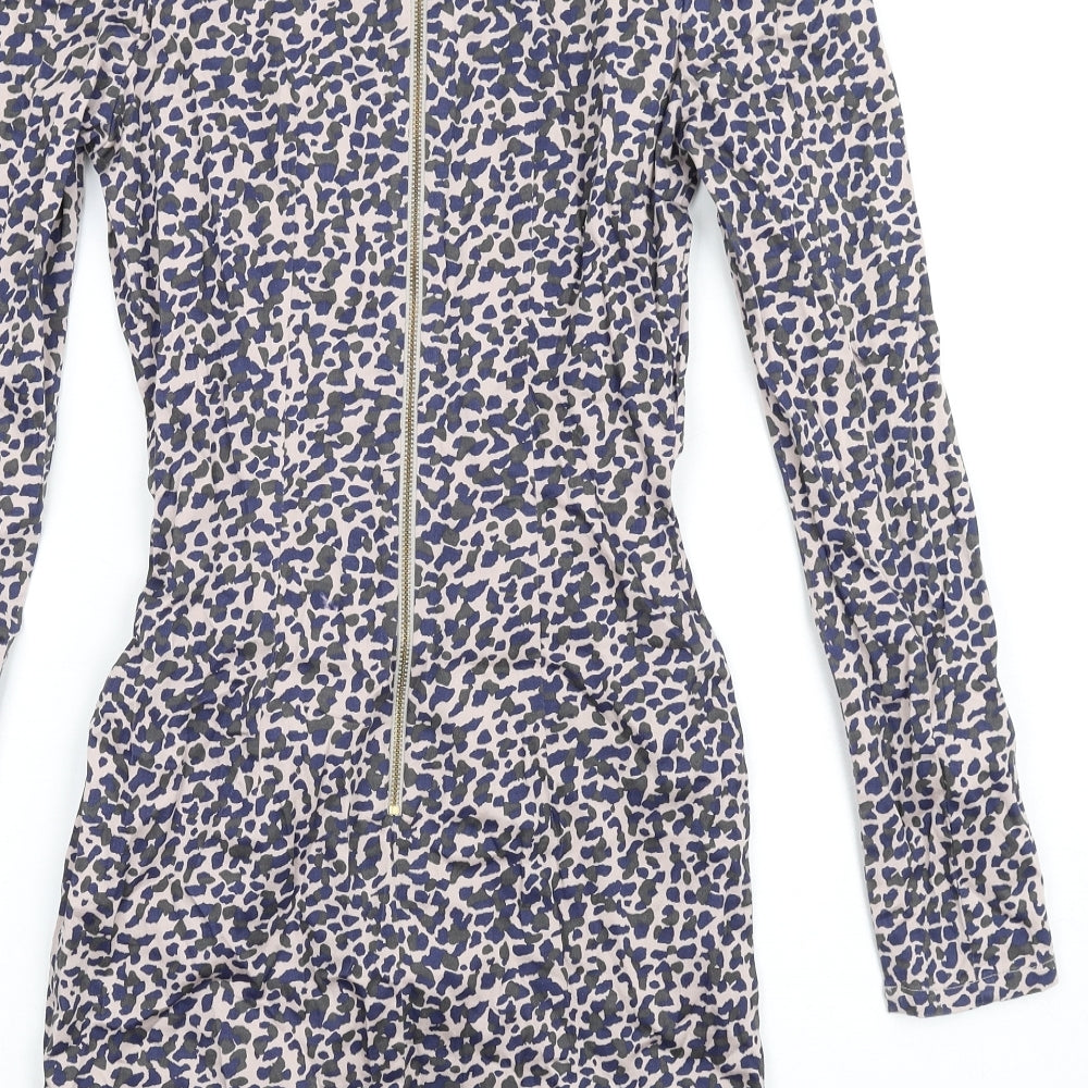 French Connection Womens Multicoloured Geometric Cotton Bodycon Size 8 V-Neck Zip