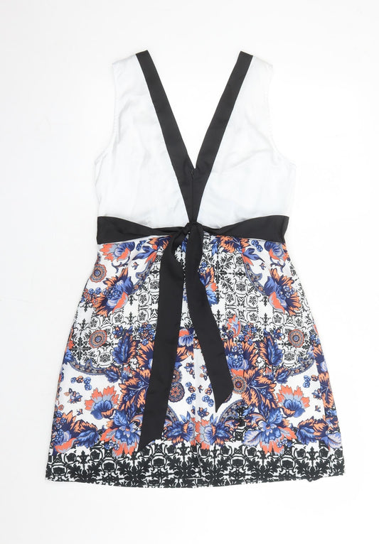 Closet Womens Multicoloured Floral Polyester A-Line Size 12 V-Neck Zip - Sequin Detail Lined