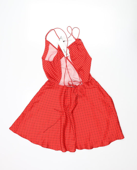 Zara Womens Red Polka Dot Polyester Skater Dress Size XS V-Neck Zip - Lace Up Back