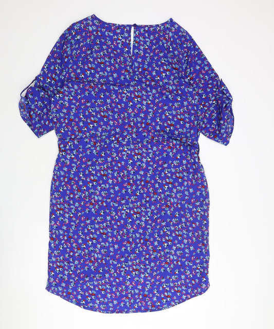 Dancing Leopard Womens Blue Floral Polyester Shift Size L Round Neck Button - Belted