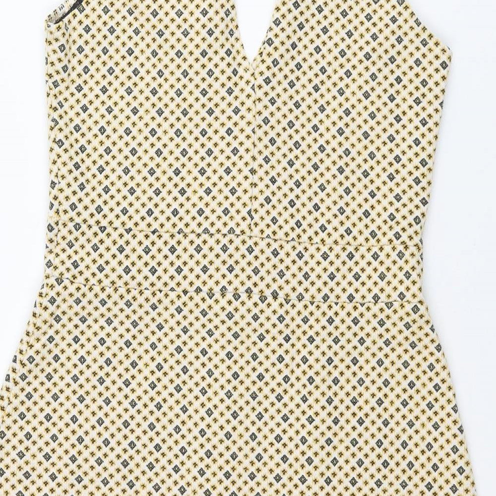 Miss Selfridge Womens Yellow Geometric Polyester A-Line Size 10 V-Neck Pullover - Button Detail