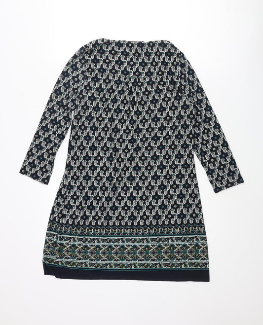 EAST Womens Blue Geometric Polyester Mini Size 12 Scoop Neck Pullover