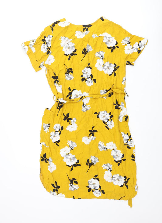 Dorothy Perkins Womens Yellow Floral Viscose Shift Size 8 V-Neck Button