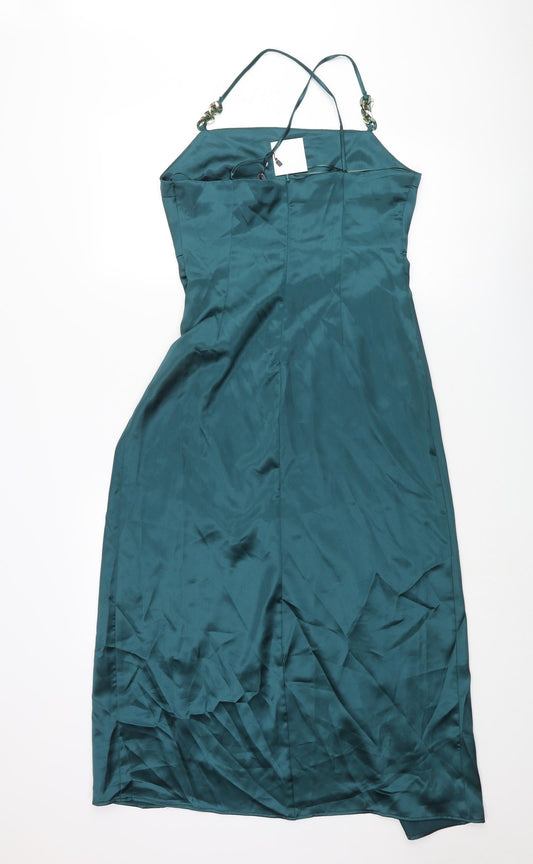 Zara Womens Blue Polyester Slip Dress Size M Square Neck Zip - Rouched Chain Strap