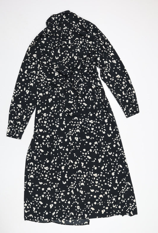 Topshop Womens Black Geometric Polyester A-Line Size 10 Collared Button - Slit, Tie Detail