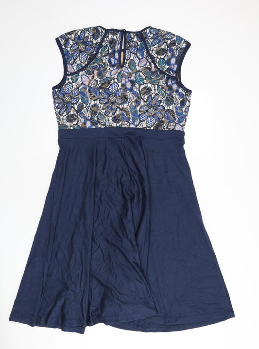 Body Flirt Womens Blue Geometric Viscose Fit & Flare Size L Round Neck Button