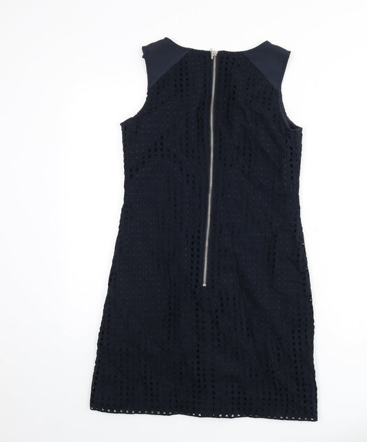 NEXT Womens Blue Geometric Cotton Pencil Dress Size 8 Round Neck Zip - Cut Out Squares