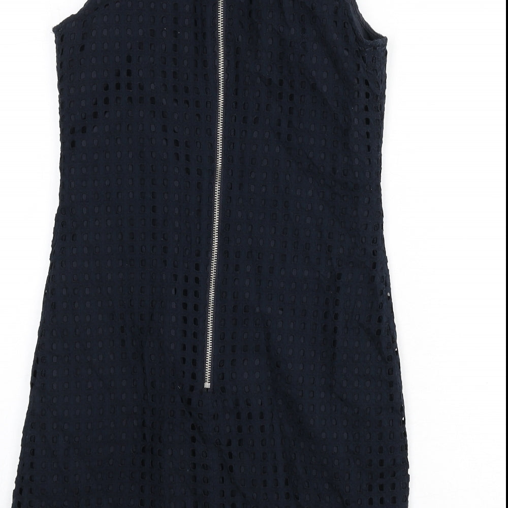 NEXT Womens Blue Geometric Cotton Pencil Dress Size 8 Round Neck Zip - Cut Out Squares