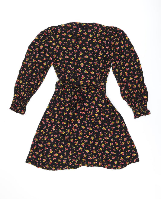 Ghost Womens Black Floral Viscose Wrap Dress Size 8 V-Neck Tie