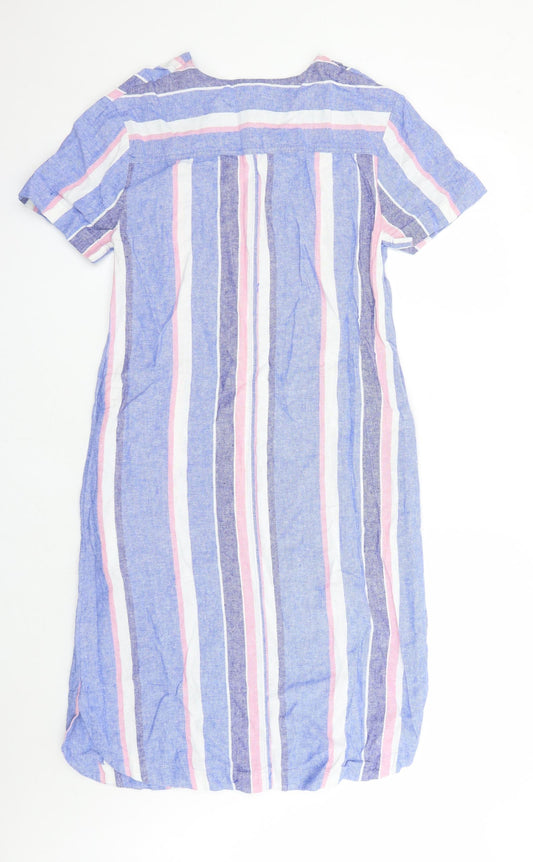 Marks and Spencer Womens Blue Striped Linen A-Line Size 8 V-Neck Pullover