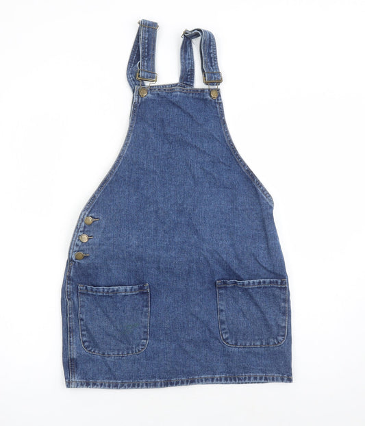 Additional front view of Denim & Co. women’s blue cotton pinafore/dungaree dress, size UK 8, square neck button