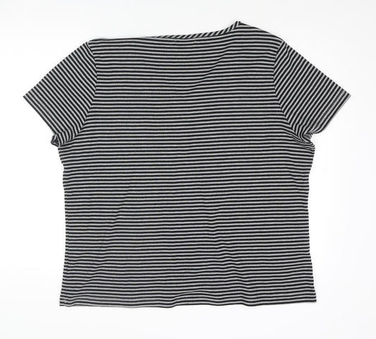 Bonmarché Womens Black Striped Polyester Basic Blouse Size XL V-Neck - Floral Applique Embroidery